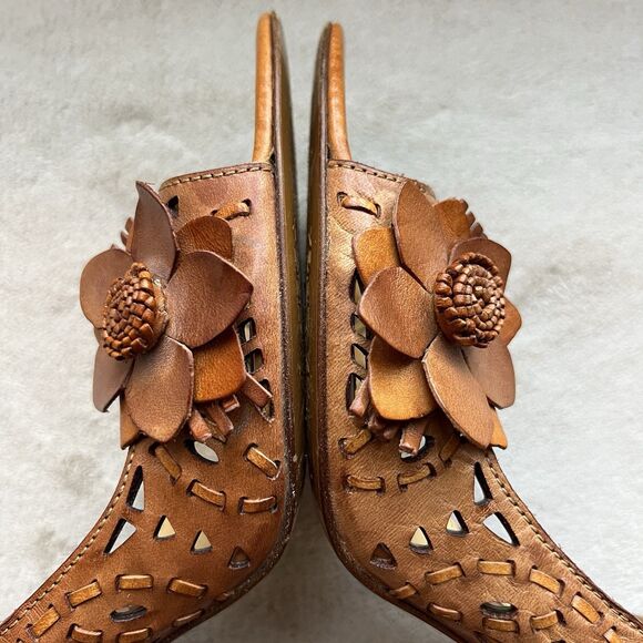 Via Spiga Tan Woven Leather Open Toe Heels Women 8.5 Cut Outs Flower Casual - Picture 6 of 16
